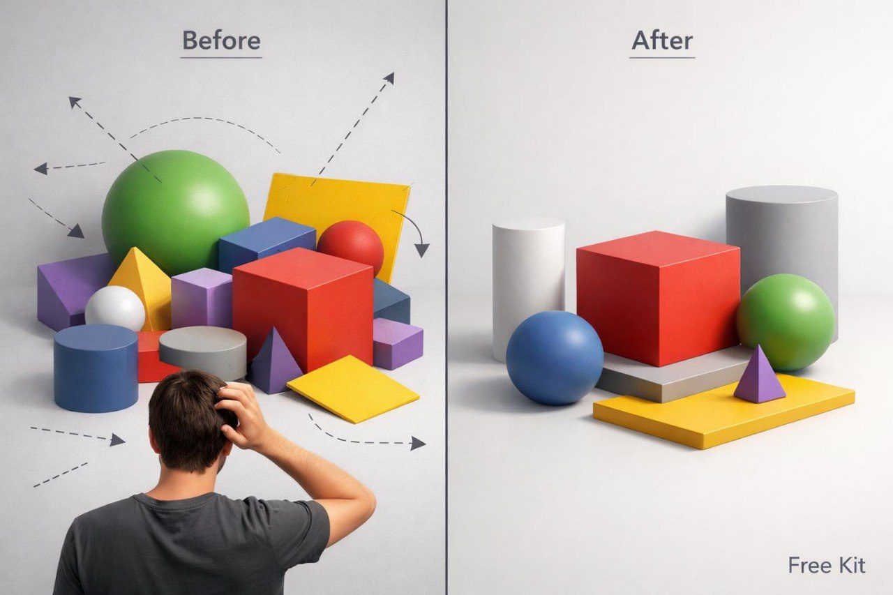 A split-screen comparison labeled 'Before' and 'After' showing a man from behind looking frustrated at a pile of colorful geometric shapes, with the shapes neatly arranged on the right. The image includes the text 'Free Kit' in the bottom right corner.