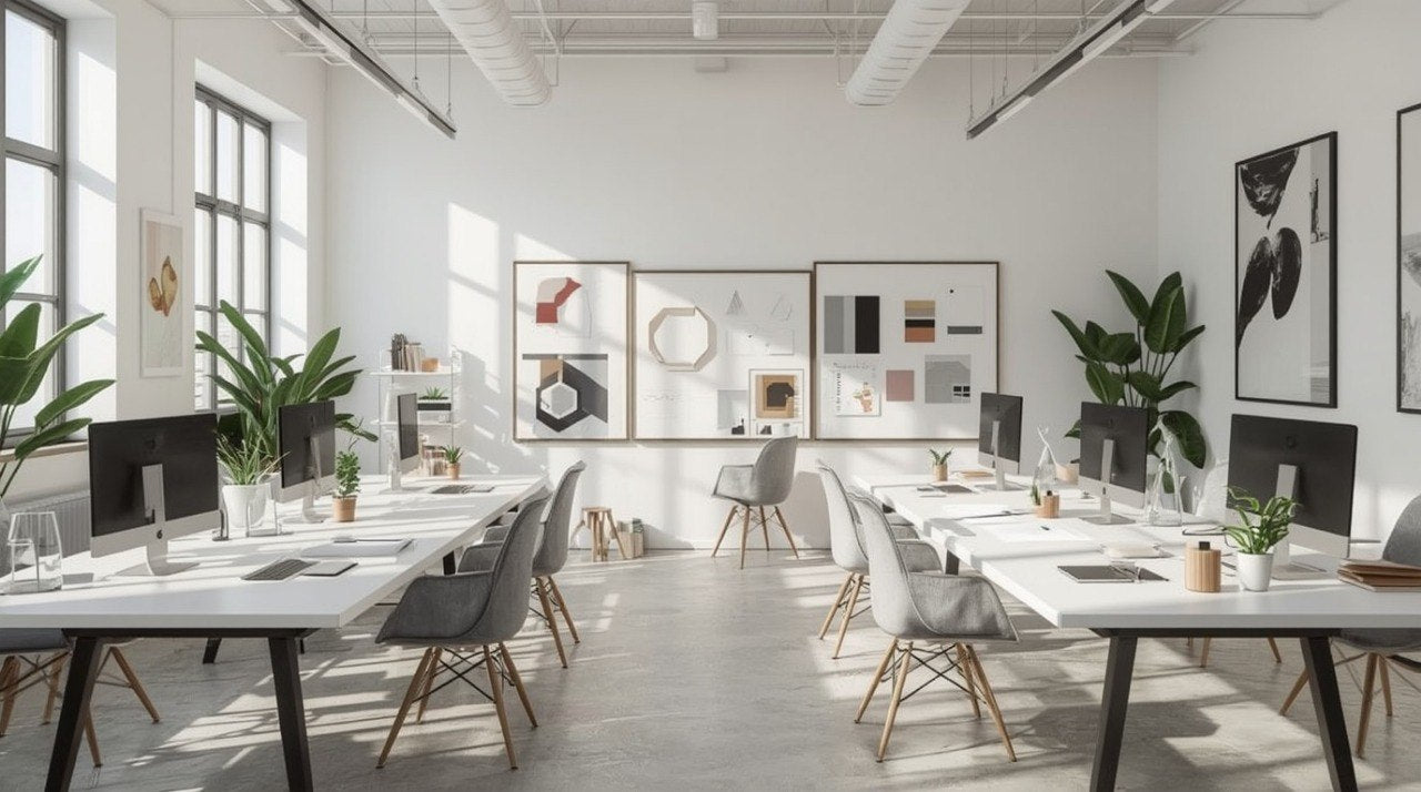 A bright, modern open office space with long white desks, gray and black chairs, computer monitors, potted plants, and framed wall art. The room has high ceilings with exposed beams and bright natural light coming through large windows.