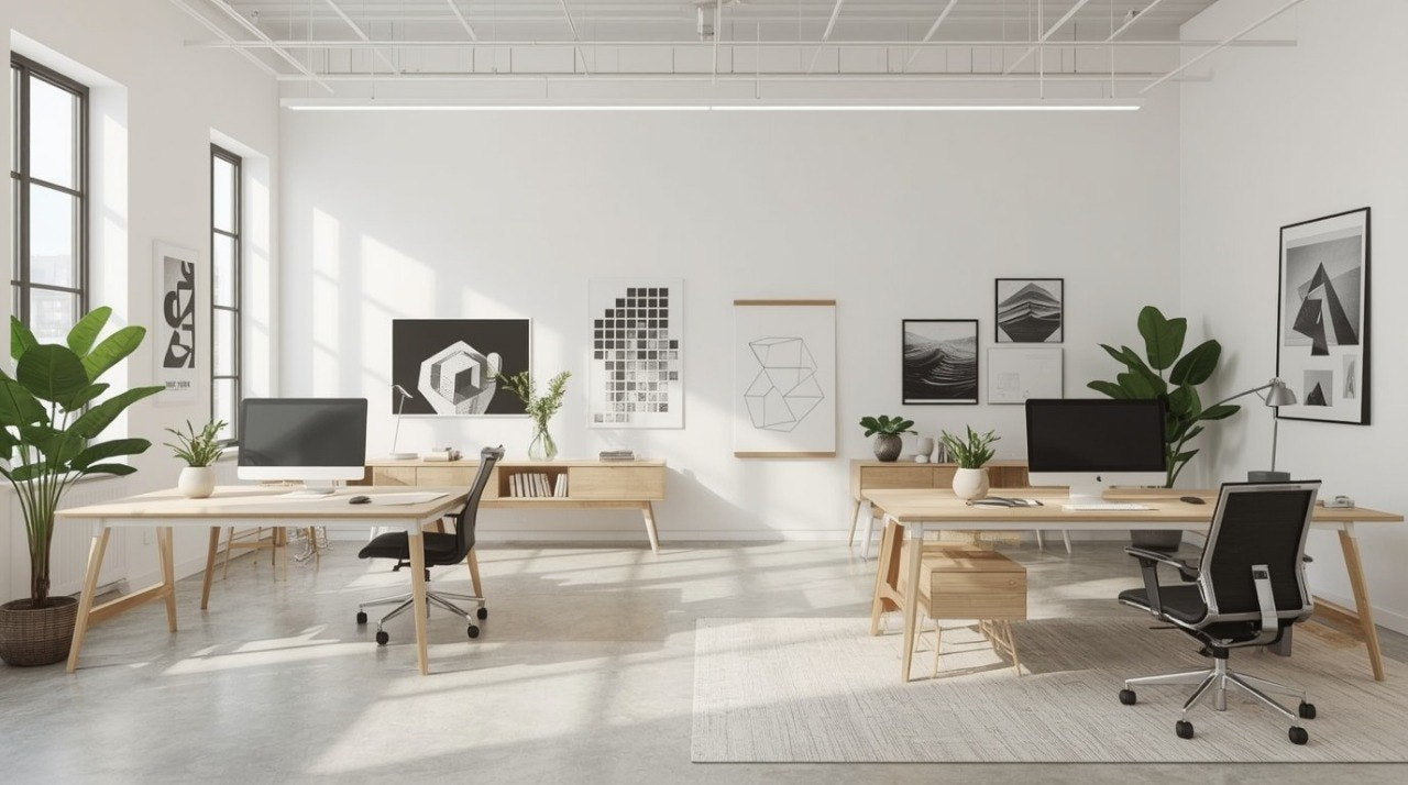 A bright, modern open office space with two light wood desks, black office chairs, computer monitors, framed wall art, and several potted green plants. The room has white walls, a white ceiling grid, and large windows on the left side, creating a natural, sunlit atmosphere.