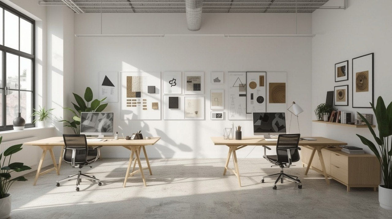 A bright, modern open-plan office space with two light wood desks, black office chairs, computer monitors, framed wall art, and several potted green plants on a light gray concrete floor.