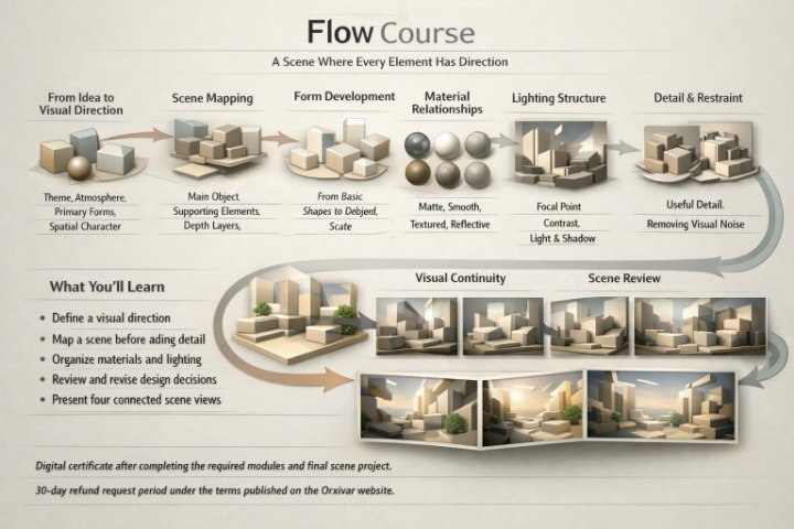 An infographic titled 'Flow Course' with a beige background, showing a step-by-step design process from 'From Idea to Visual Direction' to 'Scene Review' with small 3D architectural sketches and text blocks.
