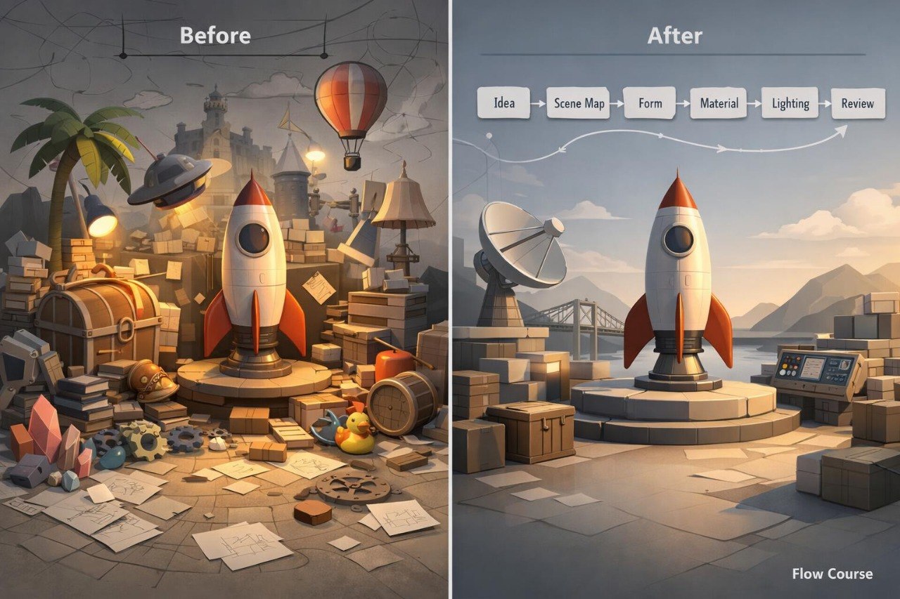 A side-by-side comparison labeled 'Before' and 'After' showing a stylized rocket ship in two different environments. The left 'Before' scene is cluttered with books, boxes, a hot air balloon, and scattered papers in a warm indoor setting.