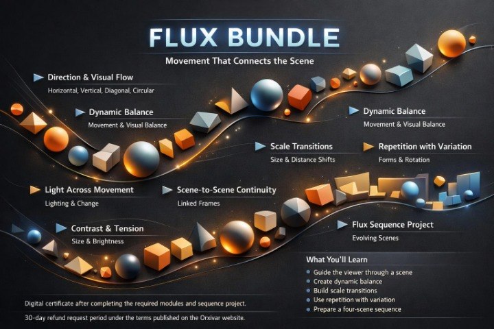 An infographic titled 'FLUX BUNDLE' on a dark background, showing illustrated geometric shapes and text describing design principles such as direction and flow, dynamic balance, scale transitions, lighting and contrast, and flux sequence project content.