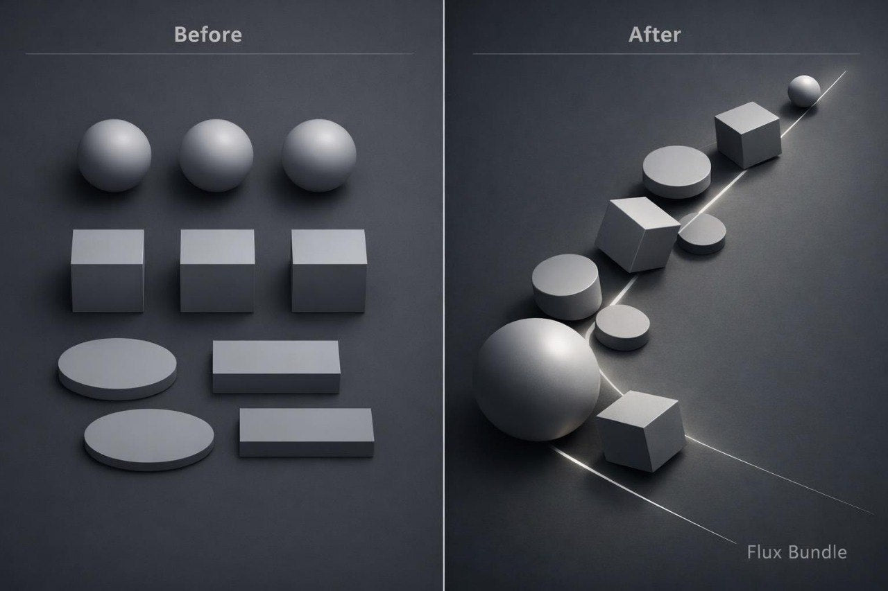 A before-and-after comparison showing 3D geometric shapes rendered in a dark gray studio-style scene. On the left, labeled 'Before,' are basic shapes: three spheres, three cubes, three ovals, and two rectangles.
