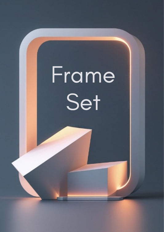 A 3D-rendered product graphic showing a white geometric frame set with warm orange lighting on a dark gray background. The text 'Frame Set' appears on the front panel.