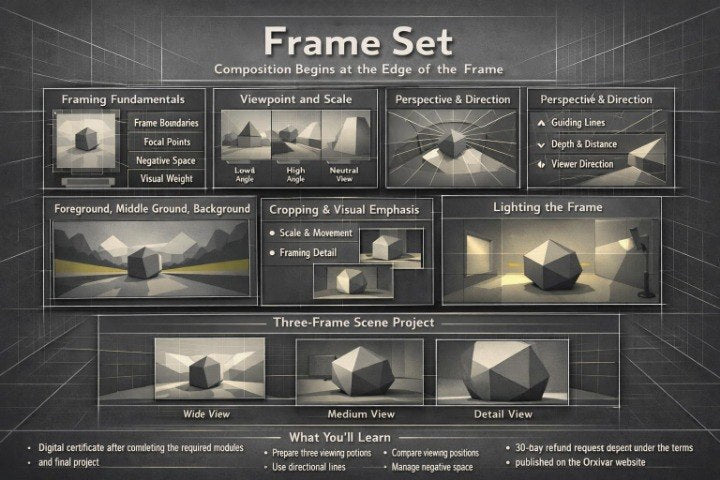 An educational graphic titled 'Frame Set' showing multiple panels with diagrams and examples related to composition, perspective, lighting, and three-frame scene projects on a dark grid background.