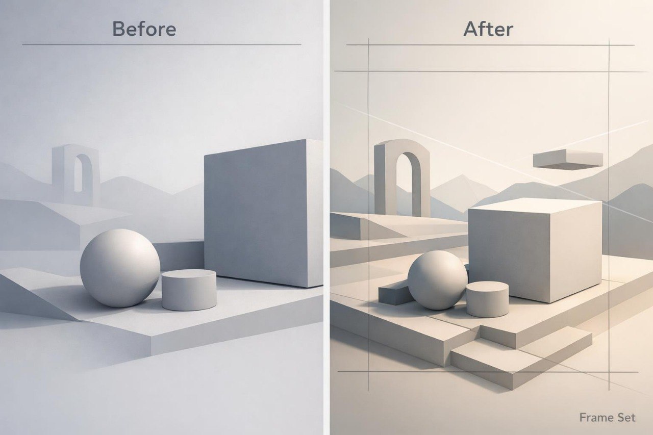 A side-by-side before/after comparison showing a minimalist geometric scene rendered in soft light gray tones. The left panel is labeled 'Before' and shows a sparse abstract composition with a sphere, cylinder, rectangular block, arch form, and layered platforms.