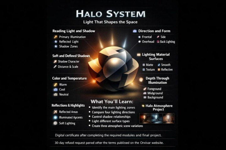 An educational graphic titled 'HALO SYSTEM' on a black background, detailing concepts like reading light and shadow, soft shadows, color and temperature, direction and form, lighting material surfaces, depth through illumination, reflections & highlights, and what you'll learn, with a glowing 3D halo illustration in the center.