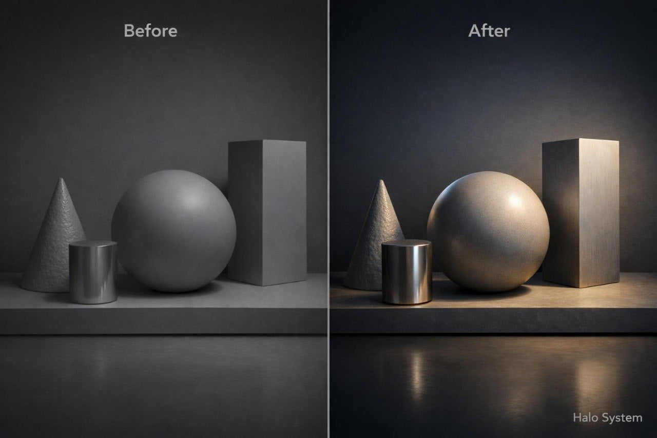 A split-screen comparison labeled 'Before' and 'After' showing a 3D render of geometric shapes with a dark gray Halo System render style. The left side shows matte gray forms with soft shadows, while the right side shows the same forms rendered with dramatic directional light and metallic-looking highlights.