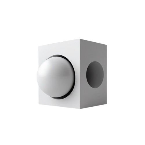 A minimalist white cube wall switch with a large spherical button on one face and a circular cutout on the side, shown on a solid white background.