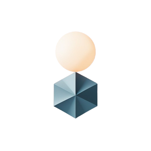 A modern table lamp with a glowing warm white spherical shade resting on a faceted, geometric blue-gray base against a plain white background.