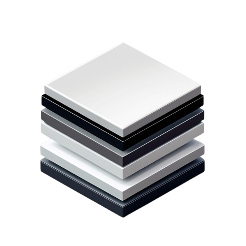 A stack of square sample tiles in white, gray, black, and dark navy tones, shown on a plain white background.