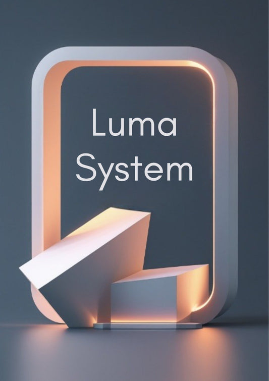 A stylized digital render of a glowing rectangular frame with the words 'Luma System' centered on a dark gray background, with geometric light blocks in front and warm peach lighting around the edges.