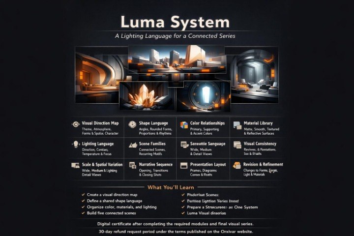 A promotional graphic for the Luma System, a digital lighting language for a connected series. The dark-themed layout features the title 'Luma System' at the top, several futuristic interior and architectural renderings in the center, a grid of feature icons and descriptions below, and a digital certificate section at the bottom.