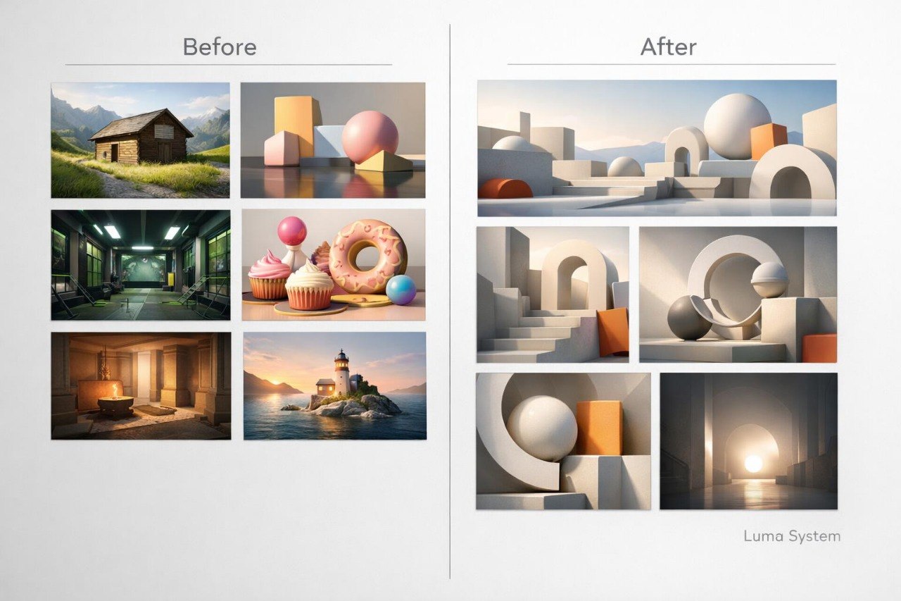 A side-by-side comparison labeled 'Before' and 'After' showing a set of abstract 3D-rendered images. The left 'Before' column contains six smaller photos with real-world scenes and objects like a cabin, geometric blocks, cupcakes, a donut, a lighthouse, and a lamp.