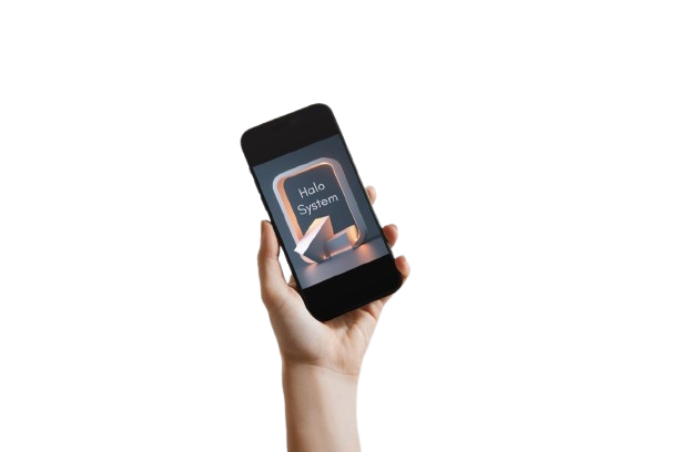 A hand holding a black smartphone against a solid white background. The phone screen displays the Halo System logo.