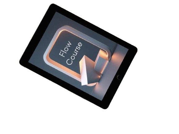 A black tablet device shown at an angle on a plain white background, with a screen displaying a course graphic that reads 'Flow Course'.