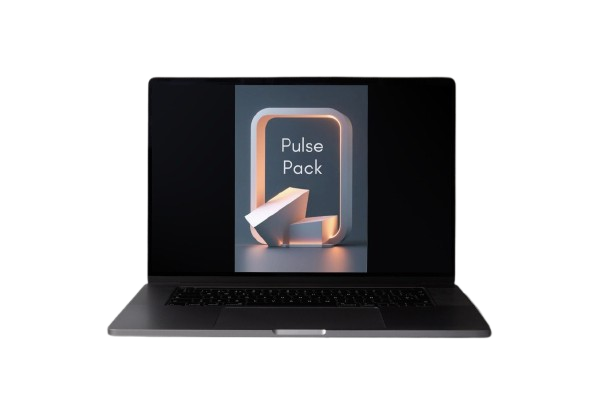 A dark gray laptop shown open against a plain white background, with the screen displaying a graphic that reads 'Pulse Pack'.