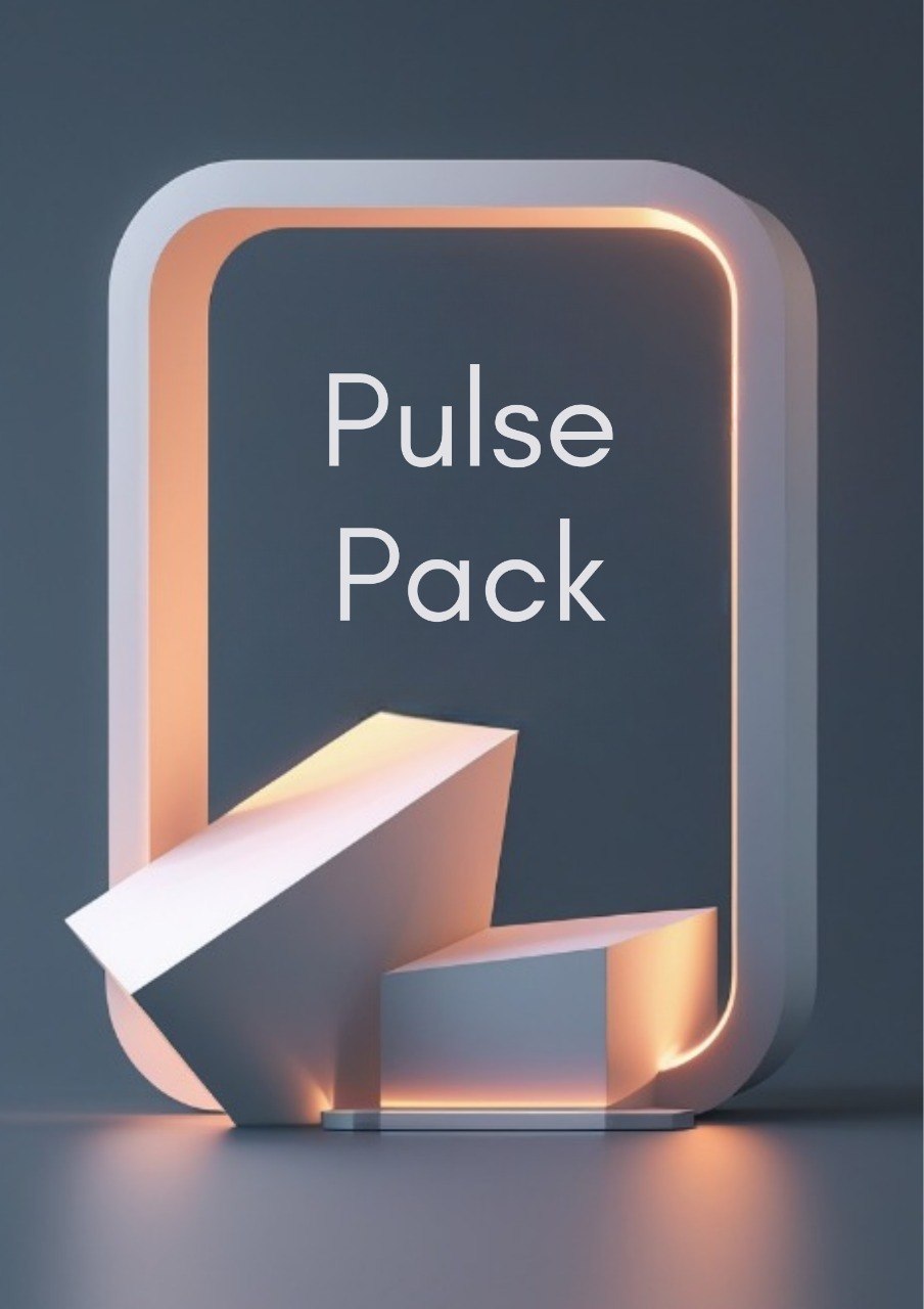 A 3D-rendered product graphic showing a rectangular display stand with rounded corners, glowing warm light around the inner frame, and the words 'Pulse Pack' centered on a dark gray background.