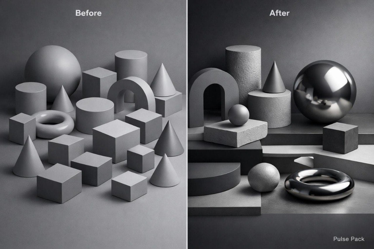 A side-by-side before/after comparison showing a set of 3D geometric shapes with matte gray surfaces on the left and reflective metallic gray surfaces on the right. The image includes the text labels 'Before', 'After', and 'Pulse Pack' in the corners.