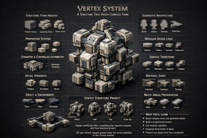 An infographic poster titled 'VERTEX SYSTEM' on a dark background, showing 3D isometric models of geometric block structures, labeled with categories such as structural form analysis, silhouette architecture, modular design logic, surface transitions, material zones, and object & environment details.
