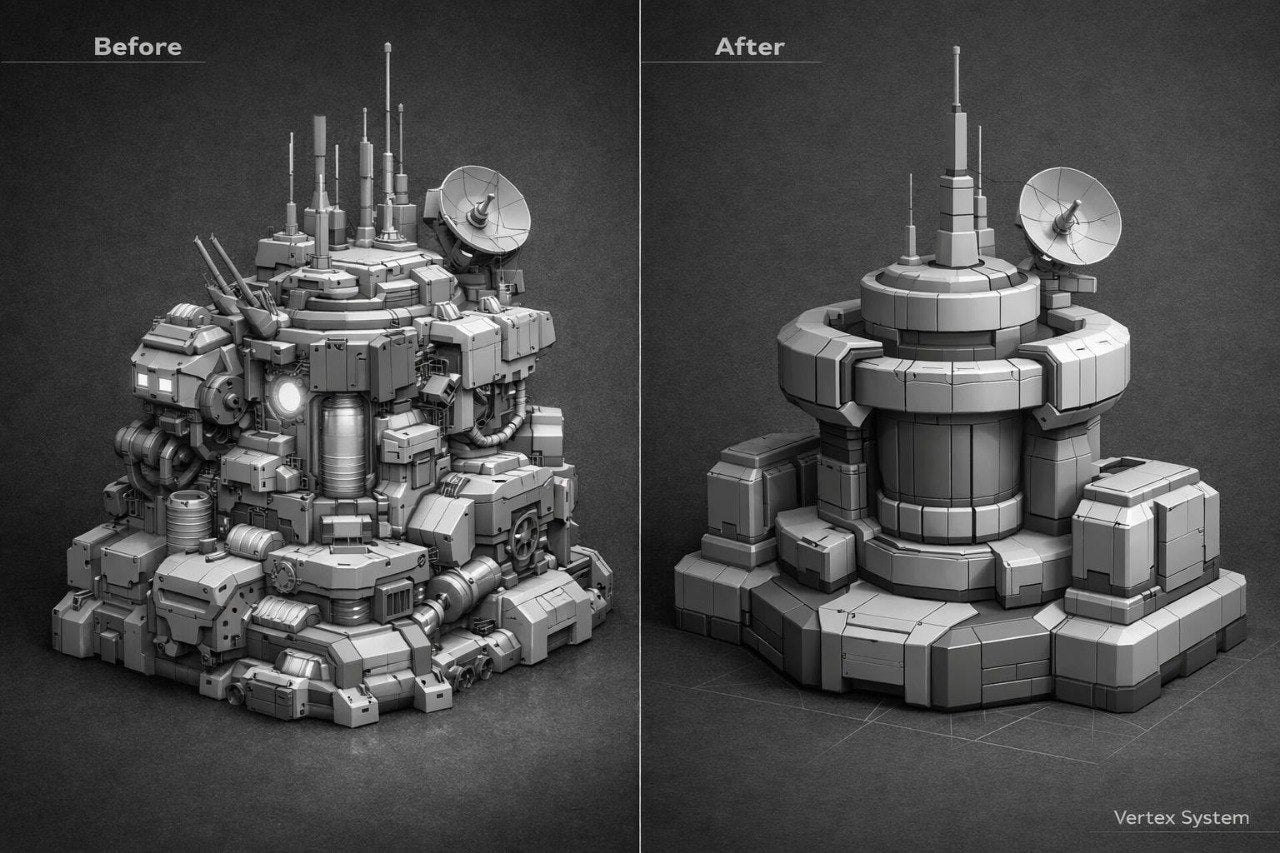 A side-by-side grayscale comparison labeled 'Before' and 'After' showing a complex 3D sci-fi mechanical structure assembled in the left panel and simplified/rendered in the right panel. The right side includes the text 'Vertex System' in the bottom right corner.